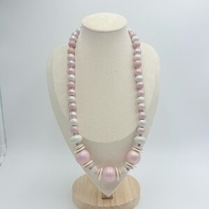 Vintage Beige Pearl Pink Wooden Graduated Round Disc Beads Necklace
